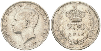 Португалия 200 реалов 1909 Мануэл II (1908-1910) KM 549 серебро 4616-153