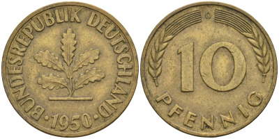 ФРГ 10 пфеннигов 1950 D KM 108 сталь плакированная латунью 4126-526