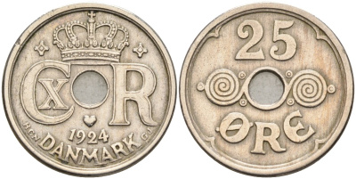 Дания 25 эре 1924 NCN; GJ Кристиан X (1912-1947) KM 823.1 медно-никель 4591-951