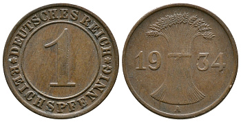 ГЕРМАНИЯ 1 РЕЙХСПФЕННИГ 1934 A KM 37, J. 313 бронза 4380-1247