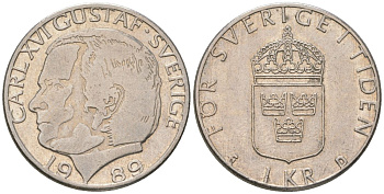 Швеция 1 крона 1989 D, Карл XVI Густав (1973-) KM 852a медно-никель 4561-357