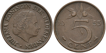 Нидерланды 5 центов 1953 Юлиана (1948-1980) KM 181 бронза    4160-1221