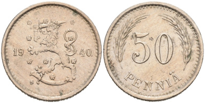 ФИНЛЯНДИЯ 50 ПЕННИ 1940 S KM 26 медно-никель 192-1121