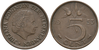 Нидерланды 5 центов 1953 Юлиана (1948-1980) KM 181 бронза    4160-1221