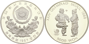 Южная Корея 5000 вон 1987 XXIV Летние Олимпийские игры в Сеуле 1988 года, национальный спорт Chegi Kicking KM 61 серебро PROOF 06-245-22