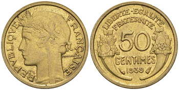 ФРАНЦИЯ 50 САНТИМОВ 1939 ТИП MORLON KM 894.1, LE FRANC 192.15 алюминиевая бронза 44-766