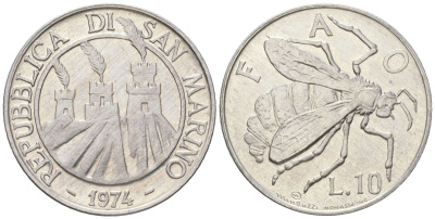 Сан-Марино 10 лир 1974 ФАО, пчела KM 33 алюминий aUNC 4119-346