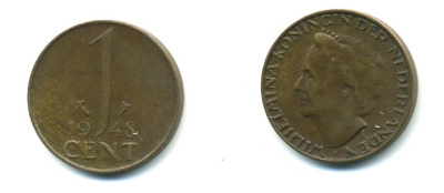 Нидерланды 1 цент 1948 Вильгельмина (1890-1948), год тип KM 175 бронза 54-617