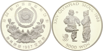 Южная Корея 5000 вон 1987 XXIV Летние Олимпийские игры в Сеуле 1988 года, национальный спорт Chegi Kicking KM 61 серебро PROOF 06-245-22