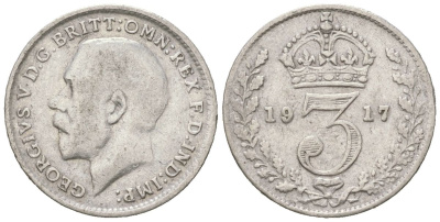Великобритания 3 пенса 1917 Георг V (1910-1936) KM 813, Spink 4015 серебро 4611-1138