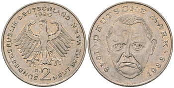 ФРГ 2 марки 1990 D, Людвиг Эрхард, 40 лет Федеративной Республике KM 170 медно-никель 4572-1136