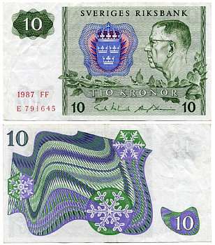 ШВЕЦИЯ 10 КРОН 1987 СЕРИЯ FF, КОРОЛЬ ГУСТАВ VI АДОЛЬФ Pick 52е бумага 8592-21-3-2