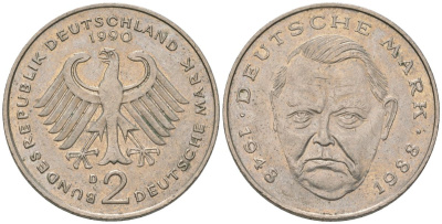 ФРГ 2 марки 1990 D, Людвиг Эрхард, 40 лет Федеративной Республике KM 170 медно-никель 4572-1136