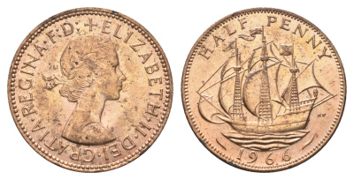Великобритания 1/2 пенни 1966 Елизавета II (1952-2022) KM 896, Spink 4158 бронза aUNC 4662-1256