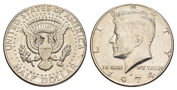 США 1/2 доллара (50 центов) 1974 D, Джон Кеннеди KM 202b медь плакированная медно-никелем aUNC 4131-622