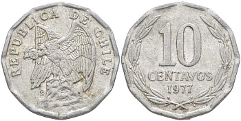 Чили 10 сентаво 1977 KM 205a алюминий 4402-356