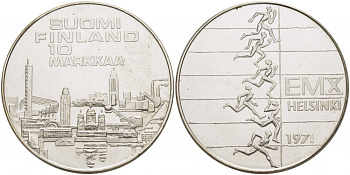 Финляндия 10 марок 1971 S-H, X Чемпионат Европы по легкой атлетике KM 52 серебро UNC 1515-1335