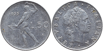 ИТАЛИЯ 50 ЛИР 1955 R, БОГ ОГНЯ ВУЛКАН У НАКОВАЛЬНИ KM 95.1 нержавеющая сталь 4395-531