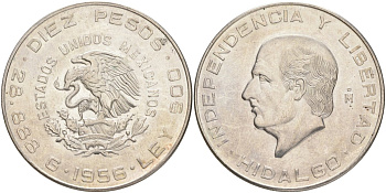 Мексика 10 песо 1956 Мо, Мигель Идальго, свобода и независимость KM 474 серебро 443-1342