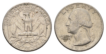 США 25 центов (квотер, 1/4 доллара) 1967 Вашингтон KM 164a медь плакированная медно-никелем 4673-1053