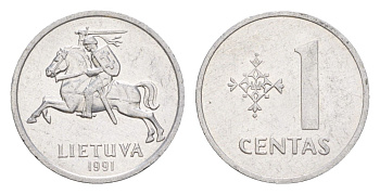 Литва 1 цент 1991 KM 85 алюминий 4647-1244