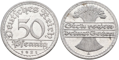Германия 50 пфеннигов 1921 A KM 27, J.301, Weege 10 алюминий UNC 4584-845