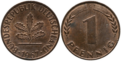 ФРГ 1 пфенниг 1967 G KM 105, J.380 сталь плакированная медью 99-262
