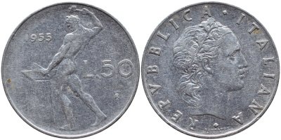 ИТАЛИЯ 50 ЛИР 1955 R, БОГ ОГНЯ ВУЛКАН У НАКОВАЛЬНИ KM 95.1 нержавеющая сталь 4395-531