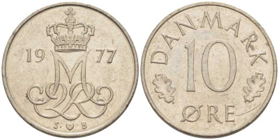 ДАНИЯ 10 ЭРЕ 1977 S; B, МАРГРЕТЕ II (1972-) KM 860.1 медно-никель 4387-1221