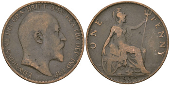 Великобритания 1 пенни 1902 Эдуард VII (1901-1910) KM 794.2, Spink 3990 бронза 221-316