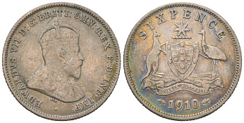 Австралия 6 пенсов 1910 L, Эдуард VII (1901-1910) KM 19 серебро 4611-541