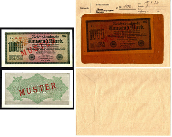 Германия 1000 марок 1922 15 сентября, MUSTER, образец, Specimen. В оригинальном банковском конверте. Из коллекции Отто Сейфферта (помощник Ялмара Шахта - министра экономики Германии и президента Рейхсбанка времен третьего рейха) Pick 76 s, Grabowski DEU 8