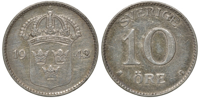 Швеция 10 эре 1942 G, Густав V (1907-1950) KM 780 серебро 4179-632