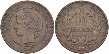ФРАНЦИЯ 10 САНТИМОВ 1896 A, ТРЕТЬЯ РЕСПУБЛИКА (1871-1940) KM 815.1, LA FRANC 135.41 бронза 82-934