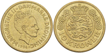 ДАНИЯ 10 КРОН 1994 LG; JP; A, МАРГРЕТЕ II (1972-) KM 877 алюминиевая бронза 67-722