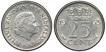 Нидерланды 25 центов 1963 Юлиана KM 183 никель 71-1029