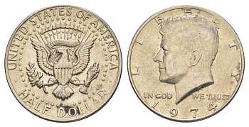 США 1/2 доллара (50 центов) 1974 Джон Кеннеди KM 202b медь плакированная медно-никелем aUNC 4536-511