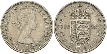 Великобритания 1 шиллинг 1958 Елизавета II (1952-2022), Английский герб KM 904, Spink 4147 медно-никель 31-1256