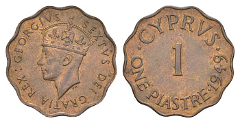 Кипр 1 пиастр 1949 Георг VI (1936-1952), год-тип KM 30 бронза UNC 4127-1321