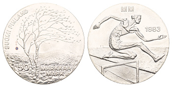 Финляндия 50 марок 1983 K-T, чемпионат мира по атлетике, бег с препятствиями KM 61 серебро BU 4537-525