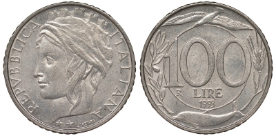 Италия 100 лир 1993 R KM 159 медно-никель 4128-1245