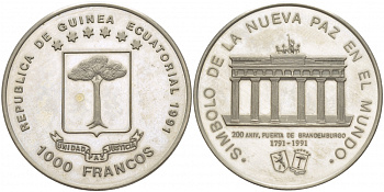 Экваториальная Гвинея 1000 франков 1991 Бранденбургские ворота KM 68 медно-никель PROOF 1078-7-52