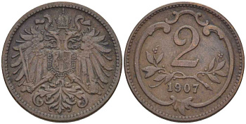 АВСТРИЯ 2 ГЕЛЛЕРА 1907 ФРАНЦ ИОСИФ (1846-1918) KM 2801 бронза 201-957