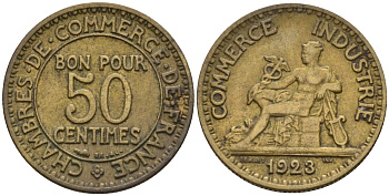 Франция 50 сантимов 1923 Тип Chambre de Commerce KM 884 алюминиевая бронза 4596-725