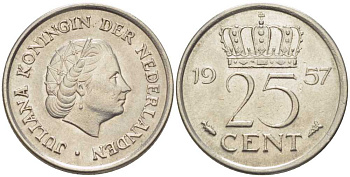 НИДЕРЛАНДЫ 25 ЦЕНТОВ 1957 ЮЛИАНА (1948-1980) KM 183 никель 214-924