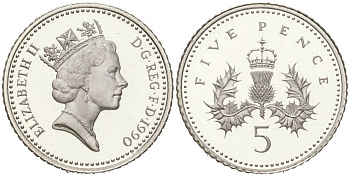 Великобритания 5 пенсов 1990 Елизавета II (1952-2022) KM 937c, Spink D4 серебро PROOF 1066-6-33