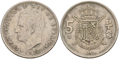 Испания 5 песет 1975 (77) Хуан Карлос I (1975 - 2014) KM 807 медно-никель 4155-624