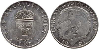 Швеция 1 крона 1991 Карл XVI Густав (1973- ) KM 852a медно-никель 4384-215