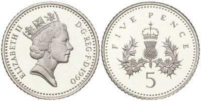 Великобритания 5 пенсов 1990 Елизавета II (1952-2022) KM 937c, Spink D4 серебро PROOF 1066-4-16