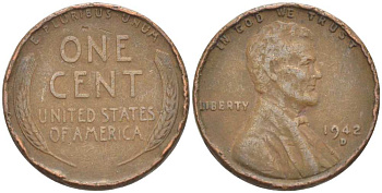США 1 ЦЕНТ 1942 D, ЛИНКОЛЬН KM 132 бронза 218-142